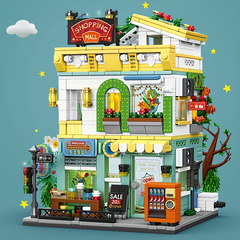 Model Kit Chemistry - Stadtleben-Straßenszene Supermarkt Hotel Bausteine, Modulares Stadtgeschäft-Modell,